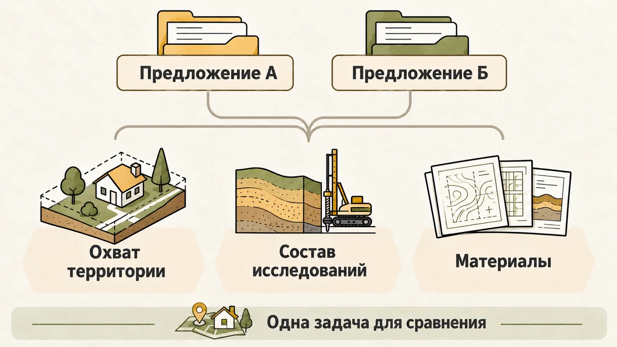 Сопоставление предложений по охвату территории, составу исследований и выдаваемым материалам при одной задаче. Сопоставление предложений по охвату территории, составу исследований и выдаваемым материалам при одной задаче.