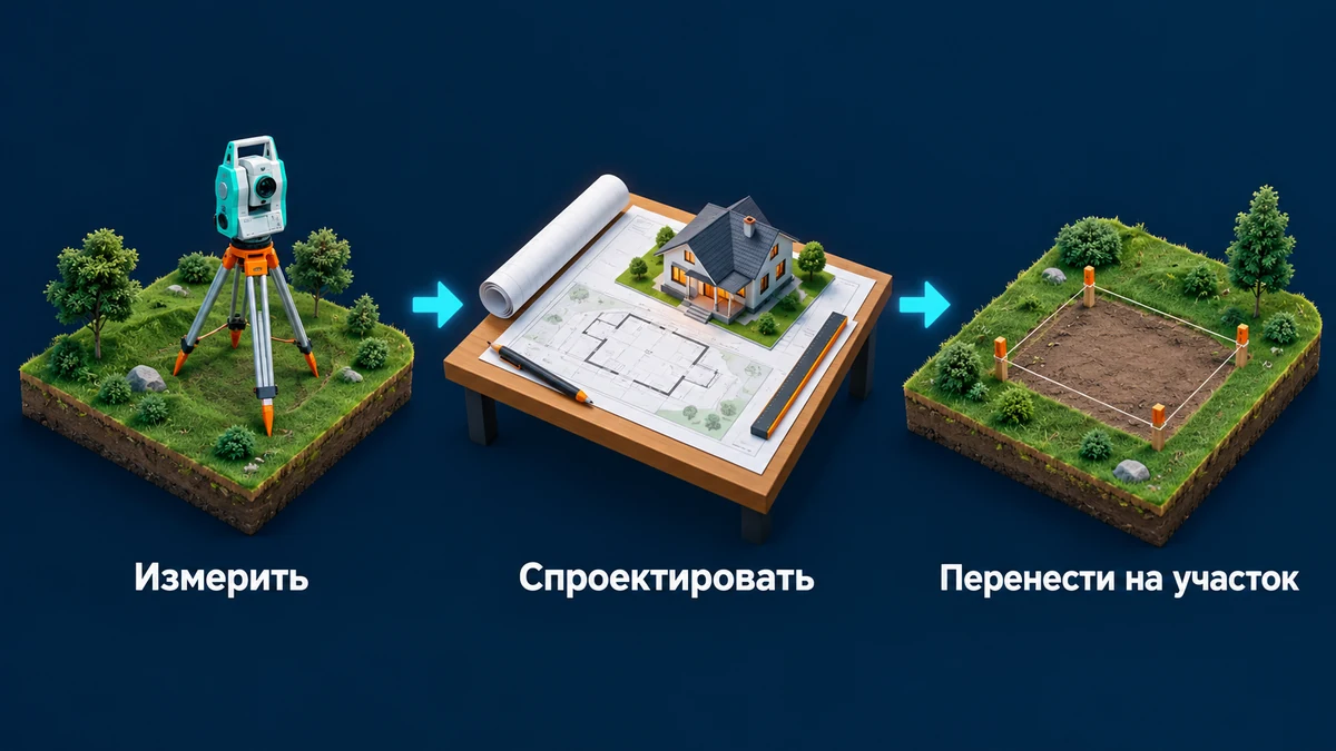 Три разные работы: измерение участка, проектирование положения дома и перенос принятого решения на местность. Три разные работы: измерение участка, проектирование положения дома и перенос принятого решения на местность.