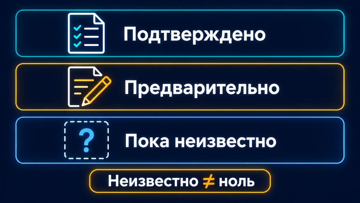 Три состояния сведений о расходах: подтверждено, предварительно и пока неизвестно; неизвестная сумма не означает нулевые расходы. Три состояния сведений о расходах: подтверждено, предварительно и пока неизвестно; неизвестная сумма не означает нулевые расходы.